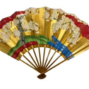 “spring blossoms & autumn leaves – seasons in gold” double sided handcrafted folding fan by jumatsuya fukui, kyoto(pre owned / no.13 spring blossoms & autumn leaves – seasons in gold )