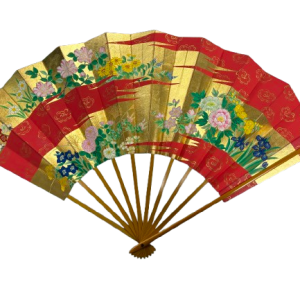 “golden harmony – blossoms of the four seasons” handcrafted folding fan by jumatsuya fukui, kyoto(pre owned / boxed / no.20 golden harmony – blossoms of the four seasons )