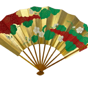 imperial garden – golden vines & white blossoms handcrafted folding fan by jumatsuya fukui, kyoto(pre owned / boxed / no. 5 imperial garden – golden vines & white blossoms )