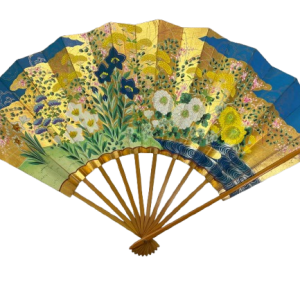 “azure garden – blossoms of kyoto elegance” handcrafted folding fan by jumatsuya fukui, kyoto(pre owned / boxed / no. 9 azure garden – blossoms of kyoto elegance )