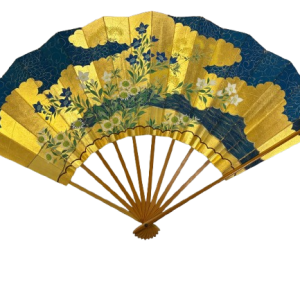 “azure blossoms – the harmony of gold and blue” handcrafted folding fan by jumatsuya fukui, kyoto(pre owned / boxed / no.24 azure blossoms – the harmony of gold and blue