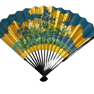 “midnight blossoms – blue and gold folding fan” handcrafted by jumatsuya fukui, kyoto(pre owned / boxed / no.25 midnight blossoms – blue and gold folding fan )