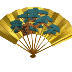 “golden pine – the symbol of longevity” handcrafted folding fan by jumatsuya fukui, kyoto(pre owned / boxed / no.26 golden pine – the symbol of longevity )