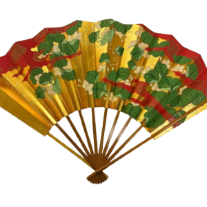 “crimson ivy – the grace of gold and green” handcrafted folding fan by jumatsuya fukui, kyoto(pre owned / boxed / no.27 the grace of gold and green )