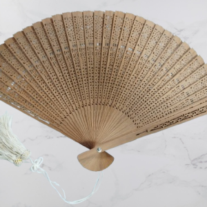 Hand-Carved Wooden Japanese Folding Fan — Intricate Openwork Design with Tassel(Pre-Owned /No. 42 )
